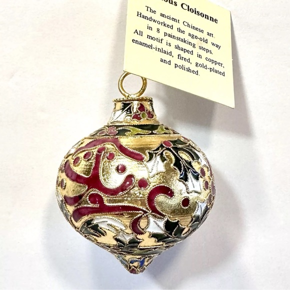 Precious Cloisonne Enamel Ornament Gold Plate Holly Berry On Copper Artisan Made - Picture 1 of 14